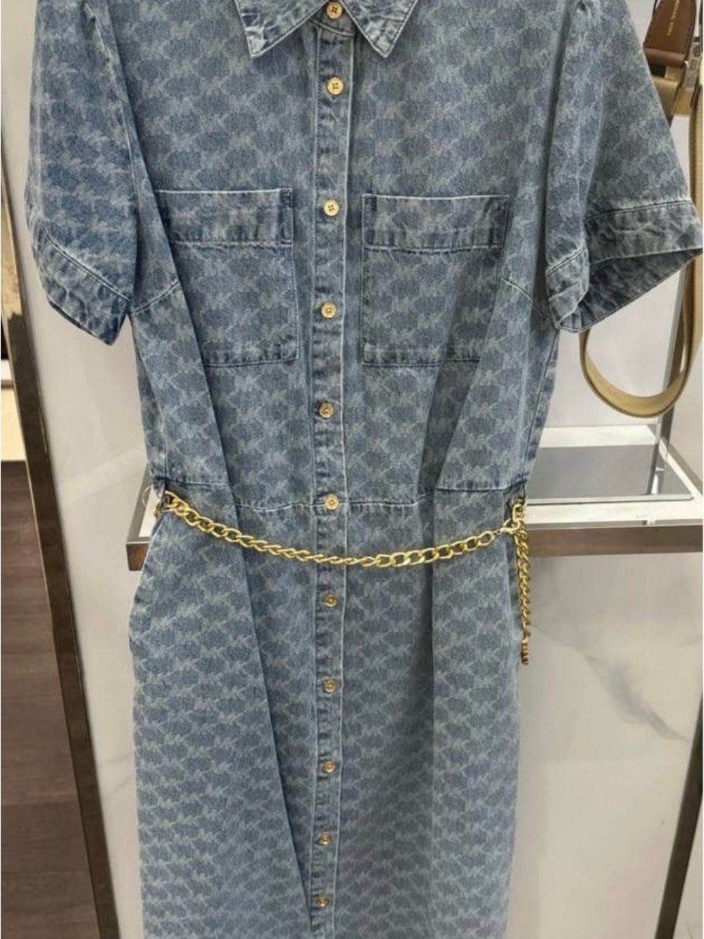 Michael Kors Blue Denim Button-Front Midi Dress with Gold Chain Belt